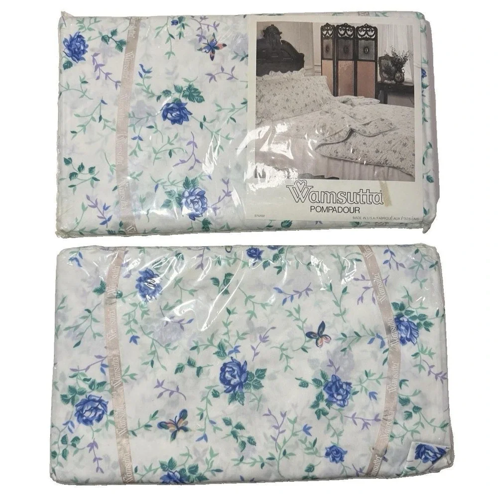 Wamsutta D Porthault Sheet Set TWIN Pompadour Blue Floral Vtg Sheets Butterfly